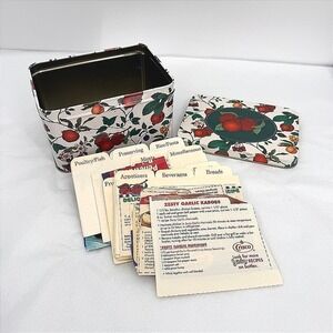 Recipe Box Tin Apple Cherry Fruit Print w/ Clipped Recipes VTG Kitchen Decor